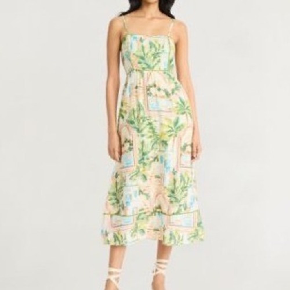The Good Journey Postcard Tropical Palm Print Spaghetti Midi Dress Size 8 NEW